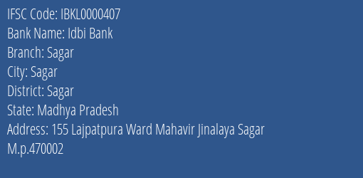 Idbi Bank Sagar Branch, Branch Code 000407 & IFSC Code IBKL0000407