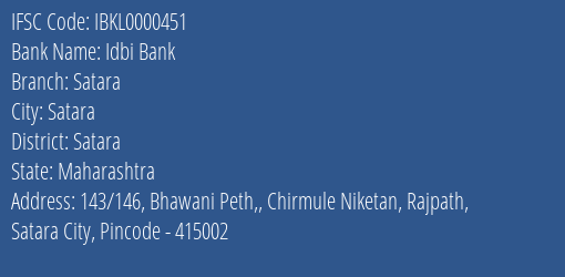 Idbi Bank Satara Branch, Branch Code 000451 & IFSC Code IBKL0000451