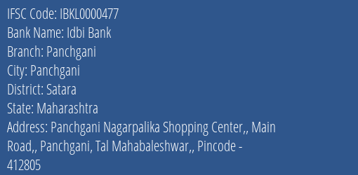 Idbi Bank Panchgani Branch Satara IFSC Code IBKL0000477