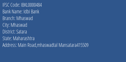 Idbi Bank Mhaswad Branch Satara IFSC Code IBKL0000484