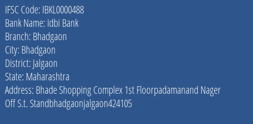 Idbi Bank Bhadgaon, Jalgaon IFSC Code IBKL0000488