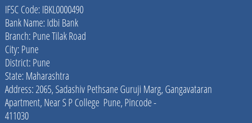 Idbi Bank Pune Tilak Road Branch IFSC Code