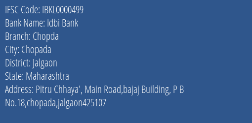 Idbi Bank Chopda, Jalgaon IFSC Code IBKL0000499