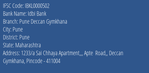 Idbi Bank Pune Deccan Gymkhana Branch IFSC Code