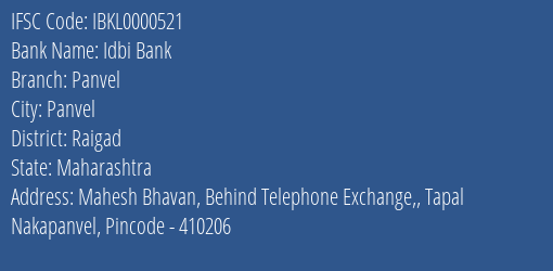 Idbi Bank Panvel Branch, Branch Code 000521 & IFSC Code IBKL0000521