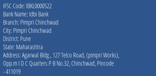 Idbi Bank Pimpri Chinchwad Branch, Branch Code 000522 & IFSC Code IBKL0000522