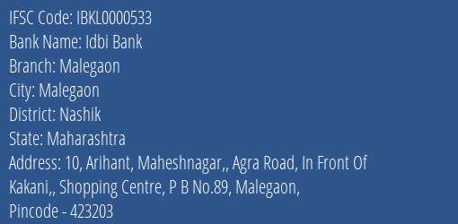 Idbi Bank Malegaon Branch Nashik IFSC Code IBKL0000533