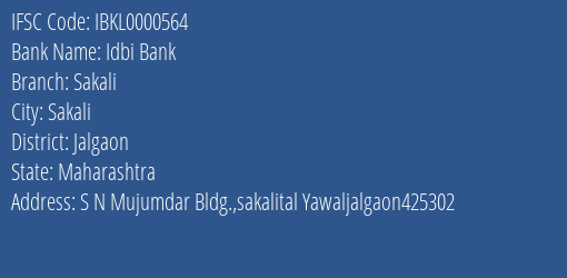 Idbi Bank Sakali Branch, Branch Code 000564 & IFSC Code IBKL0000564