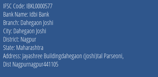 Idbi Bank Dahegaon Joshi, Nagpur IFSC Code IBKL0000577