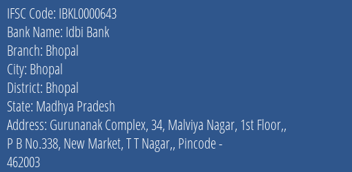 Idbi Bank Bhopal Branch IFSC Code