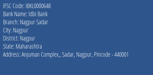Idbi Bank Nagpur Sadar, Nagpur IFSC Code IBKL0000648