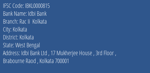 Idbi Bank Rac Ii Kolkata Branch IFSC Code