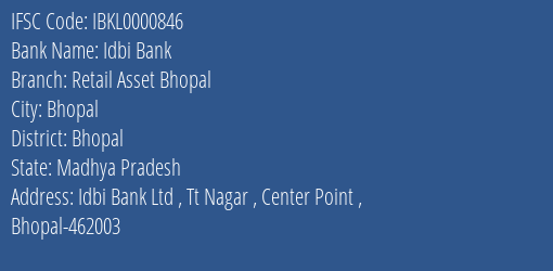 Idbi Bank Retail Asset Bhopal Branch IFSC Code