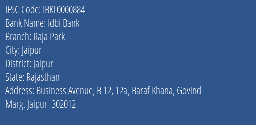 Idbi Bank Raja Park Branch, Branch Code 000884 & IFSC Code IBKL0000884