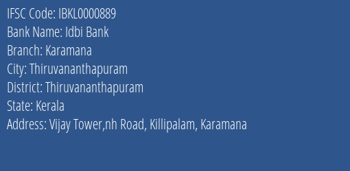 Idbi Bank Karamana Branch, Branch Code 000889 & IFSC Code Ibkl0000889