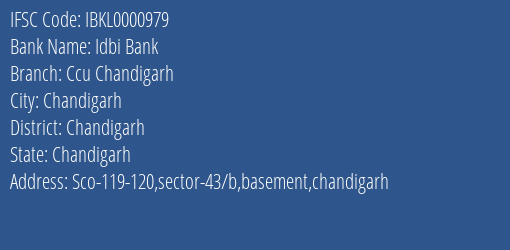 Idbi Bank Ccu Chandigarh Branch, Branch Code 000979 & IFSC Code IBKL0000979