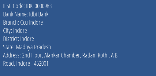 Idbi Bank Ccu Indore Branch, Branch Code 000983 & IFSC Code IBKL0000983