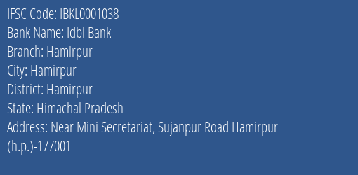 Idbi Bank Hamirpur Branch, Branch Code 001038 & IFSC Code IBKL0001038