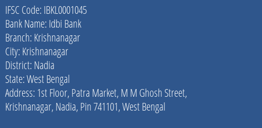 Idbi Bank Krishnanagar Branch, Branch Code 001045 & IFSC Code IBKL0001045