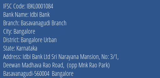 Idbi Bank Basavanagudi Branch Branch Bangalore Urban IFSC Code IBKL0001084