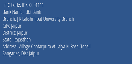 Idbi Bank J K Lakshmipat University Branch Branch IFSC Code