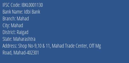 Idbi Bank Mahad, Raigad IFSC Code IBKL0001130
