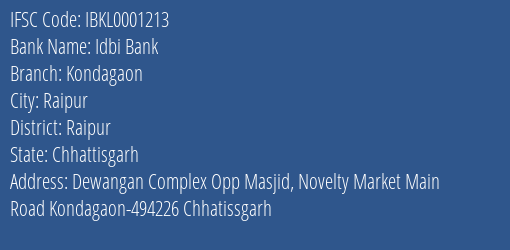 Idbi Bank Kondagaon Branch Raipur IFSC Code IBKL0001213