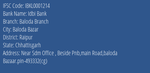Idbi Bank Baloda Branch Branch Raipur IFSC Code IBKL0001214