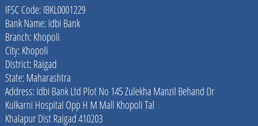 Idbi Bank Khopoli Branch, Branch Code 001229 & IFSC Code IBKL0001229