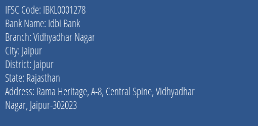 Idbi Bank Vidhyadhar Nagar Branch, Branch Code 001278 & IFSC Code IBKL0001278
