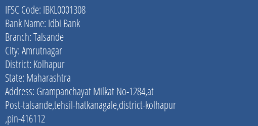 Idbi Bank Talsande Branch Kolhapur IFSC Code IBKL0001308