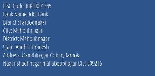 Idbi Bank Farooqnagar Branch Mahbubnagar IFSC Code IBKL0001345