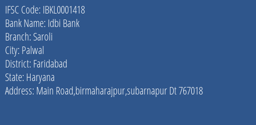 Idbi Bank Saroli Branch Faridabad IFSC Code IBKL0001418