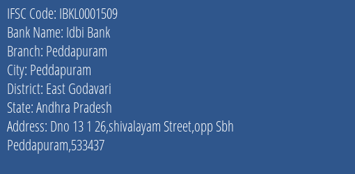 Idbi Bank Peddapuram Branch East Godavari IFSC Code IBKL0001509
