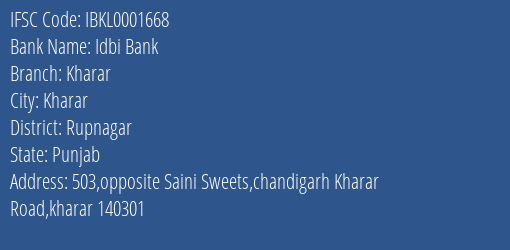Idbi Bank Kharar Branch Rupnagar IFSC Code IBKL0001668