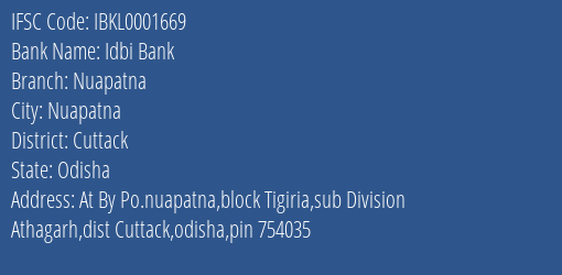 Idbi Bank Nuapatna Branch Cuttack IFSC Code IBKL0001669