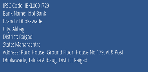 Idbi Bank Dhokawade Branch Raigad IFSC Code IBKL0001729