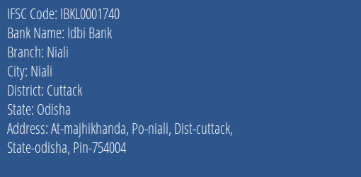 Idbi Bank Niali Branch Cuttack IFSC Code IBKL0001740