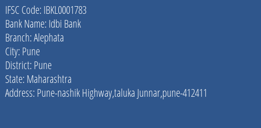 Idbi Bank Alephata Branch Pune IFSC Code IBKL0001783