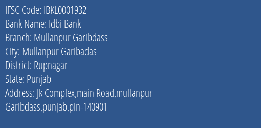 Idbi Bank Mullanpur Garibdass Branch IFSC Code