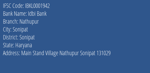 Idbi Bank Nathupur Branch Sonipat IFSC Code IBKL0001942