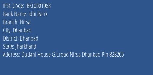 Idbi Bank Nirsa Branch Dhanbad IFSC Code IBKL0001968