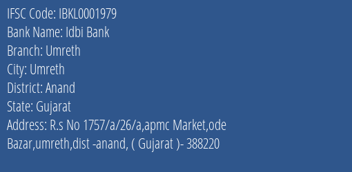 Idbi Bank Umreth Branch Anand IFSC Code IBKL0001979