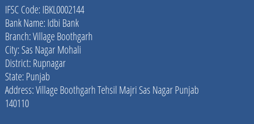 Idbi Bank Village Boothgarh Branch IFSC Code