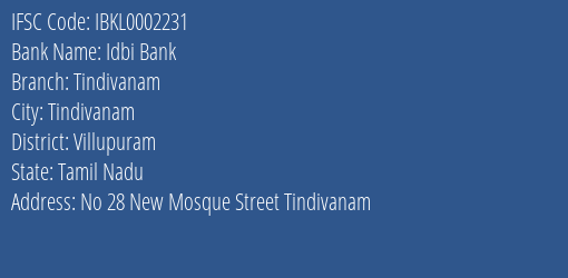 Idbi Bank Tindivanam Branch Villupuram IFSC Code IBKL0002231