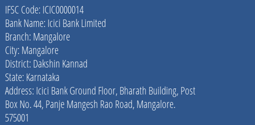 Icici Bank Limited Mangalore Branch IFSC Code