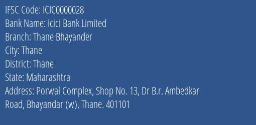 Icici Bank Limited Thane Bhayander Branch IFSC Code
