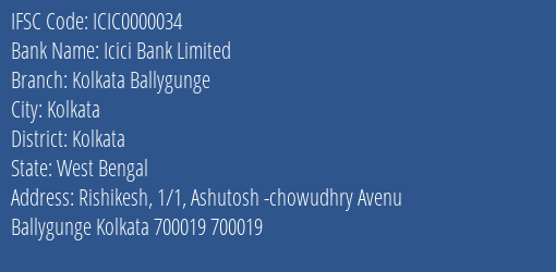 Icici Bank Limited Kolkata Ballygunge Branch IFSC Code