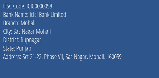 Icici Bank Limited Mohali Branch, Branch Code 000058 & IFSC Code ICIC0000058