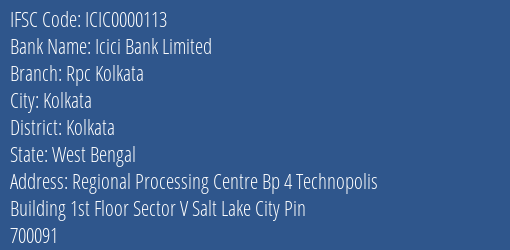 Icici Bank Limited Rpc Kolkata Branch IFSC Code